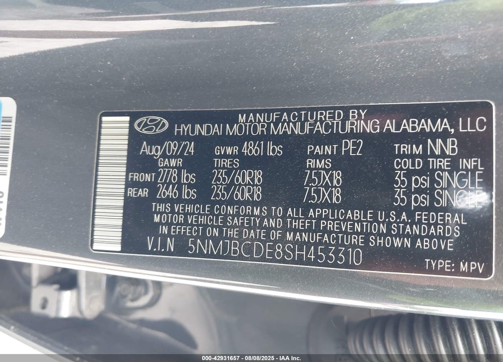 2025 HYUNDAI TUCSON VIN: 5NMJBCDE8SH453310