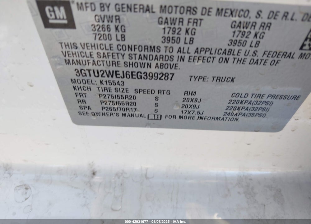 2014 GMC SIERRA 1500 VIN: 3GTU2WEJ6EG399287