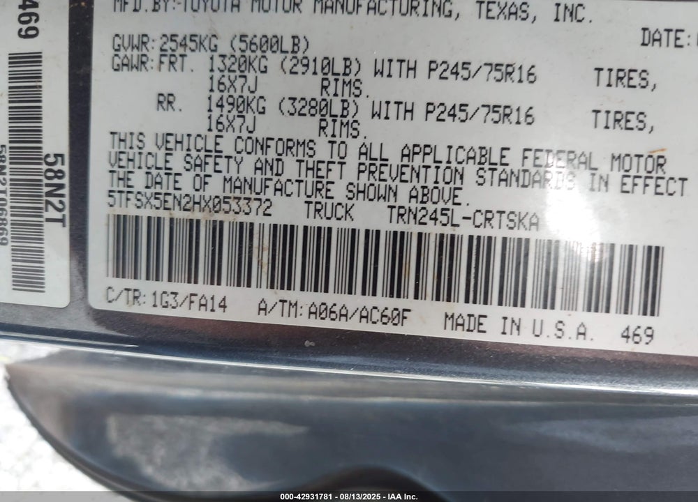 2017 TOYOTA TACOMA VIN: 5TFSX5EN2HX053372
