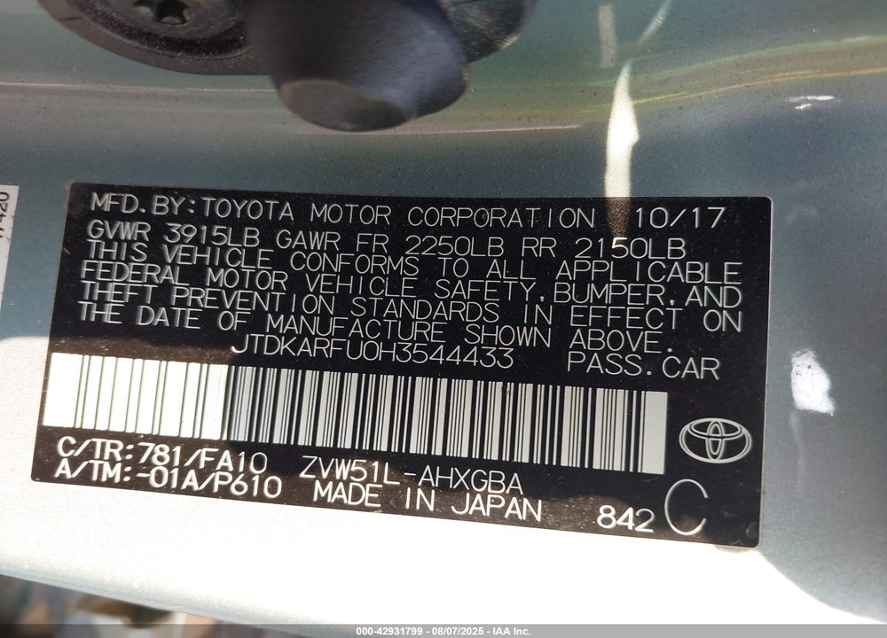 2017 TOYOTA PRIUS VIN: JTDKARFU0H3544433