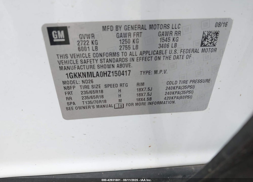 2017 GMC ACADIA VIN: 1GKKNMLA0HZ150417