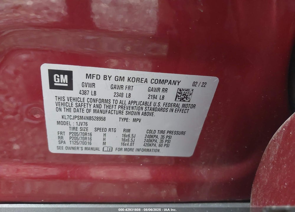 2022 CHEVROLET TRAX VIN: KL7CJPSM4NB528958