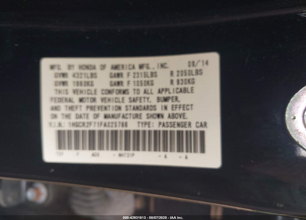 2015 HONDA ACCORD VIN: 1HGCR2F71FA025786