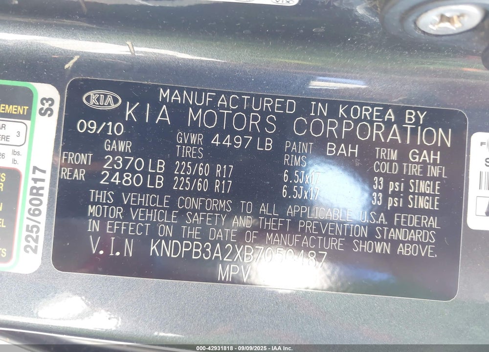 2011 KIA SPORTAGE VIN: KNDPB3A2XB7050487