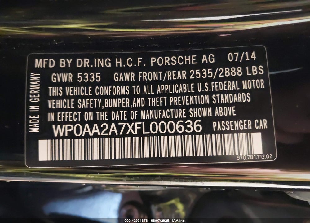 2015 PORSCHE PANAMERA VIN: WP0AA2A7XFL000636