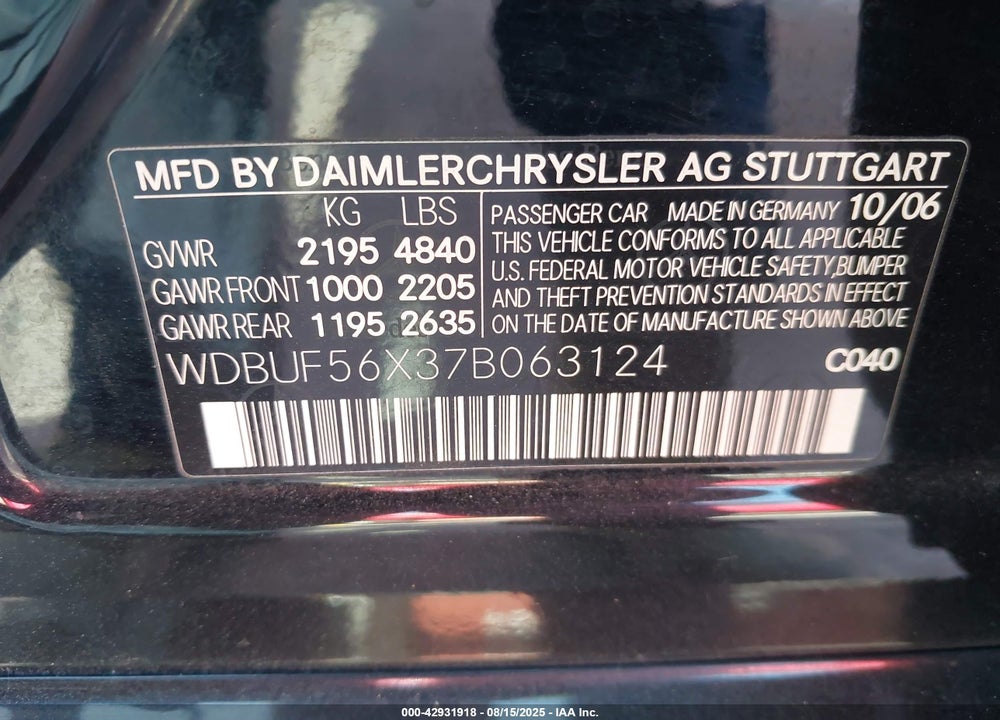 2007 MERCEDES-BENZ E 350 VIN: WDBUF56X37B063124