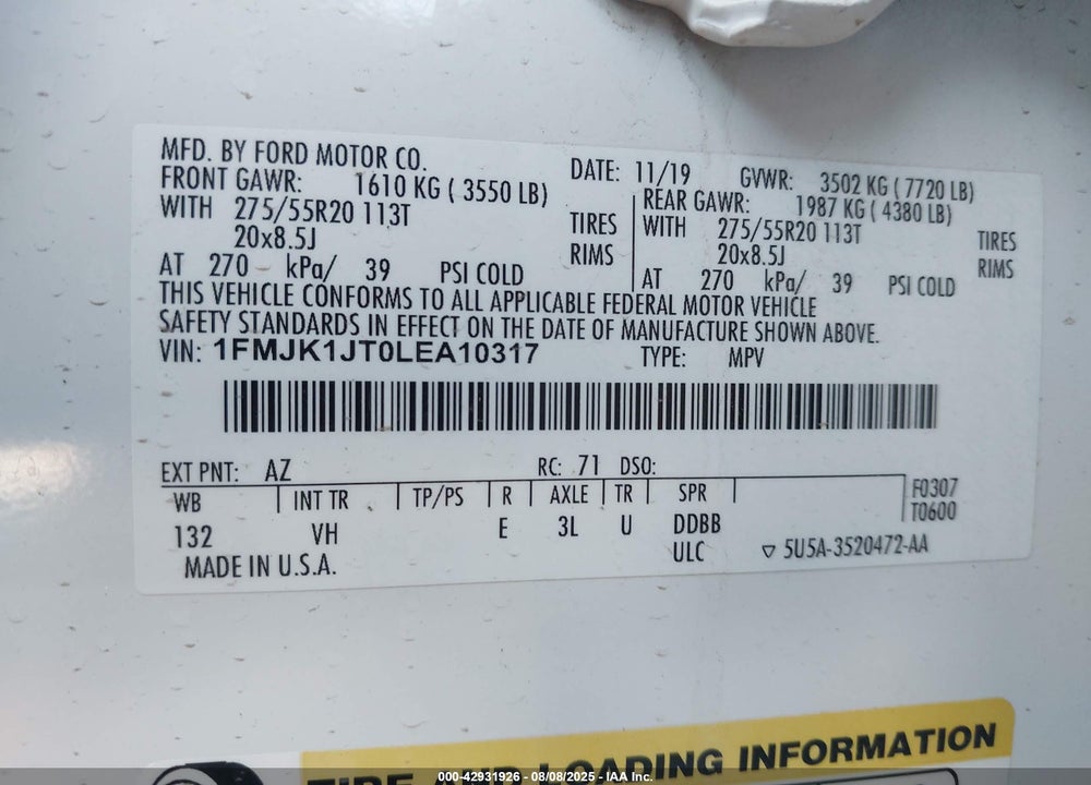 2020 FORD EXPEDITION VIN: 1FMJK1JT0LEA10317