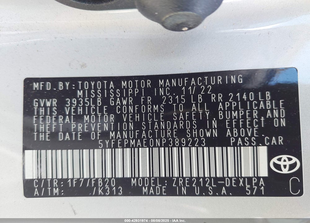 2022 TOYOTA COROLLA VIN: 5YFEPMAE0NP389223