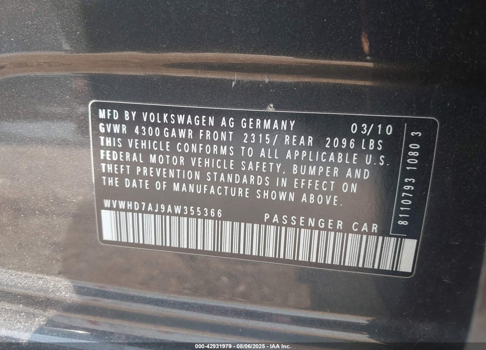 2010 VOLKSWAGEN GTI VIN: WVWHD7AJ9AW355366