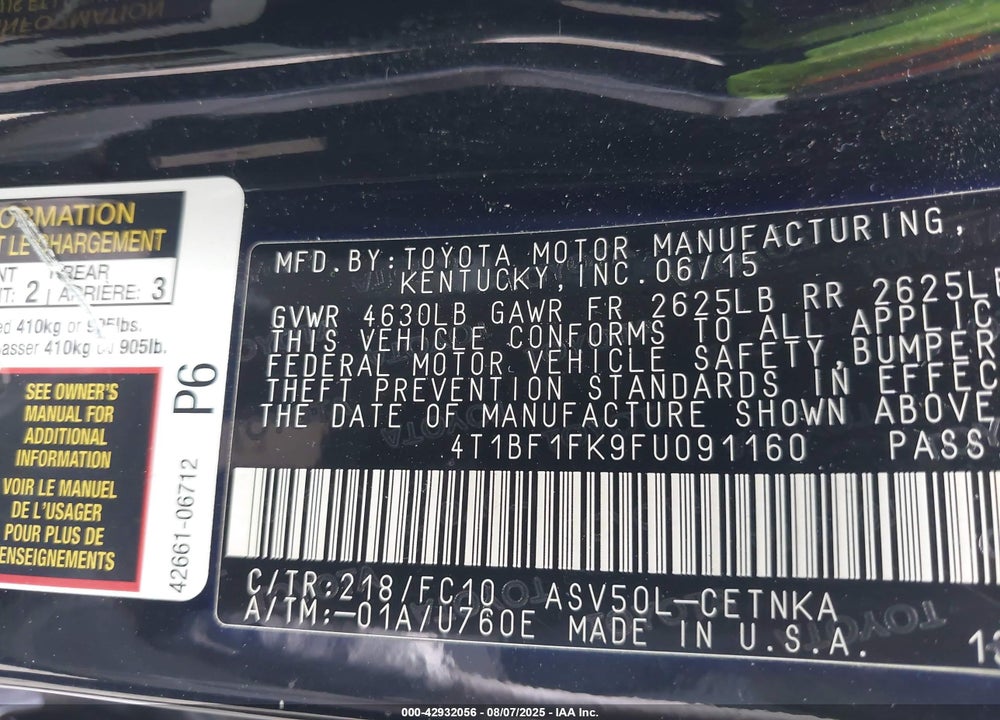 2015 TOYOTA CAMRY VIN: 4T1BF1FK9FU091160