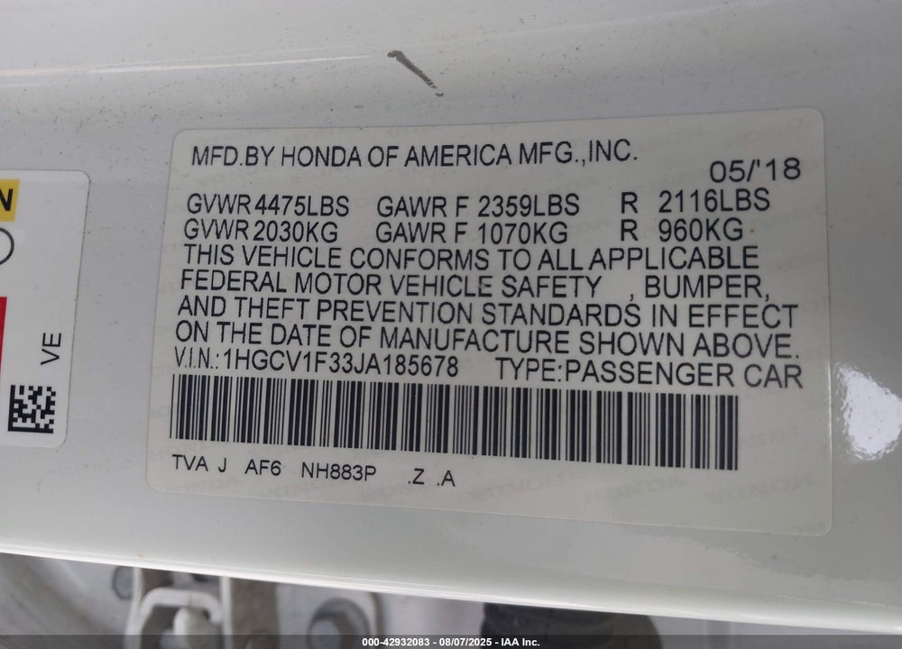 2018 HONDA ACCORD SPORT VIN: 1HGCV1F33JA185678