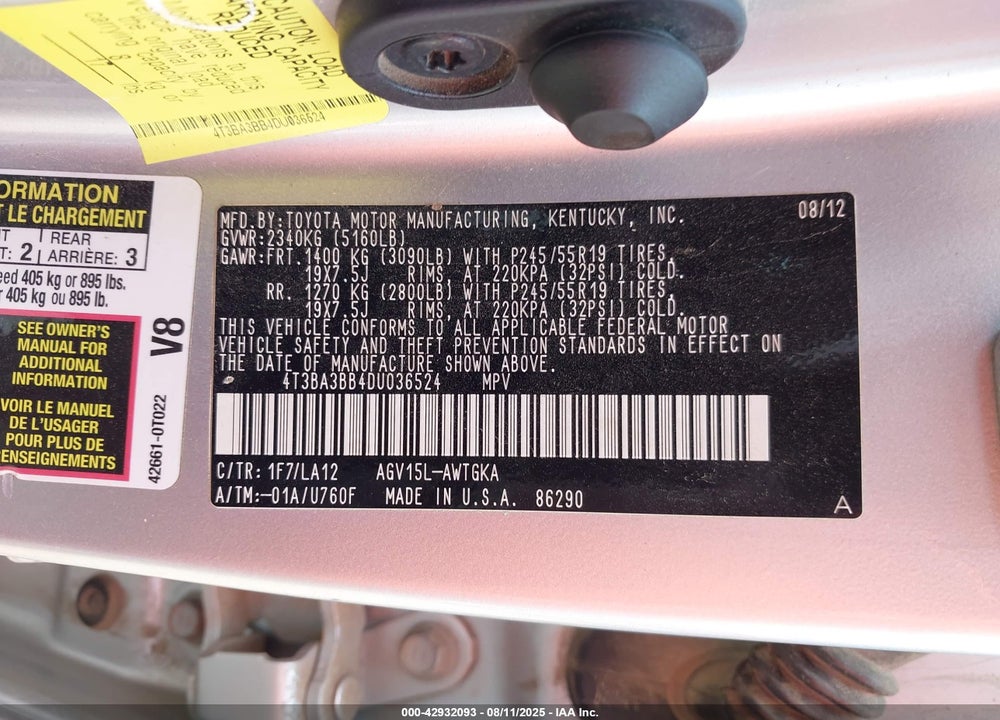 2013 TOYOTA VENZA VIN: 4T3BA3BB4DU036524