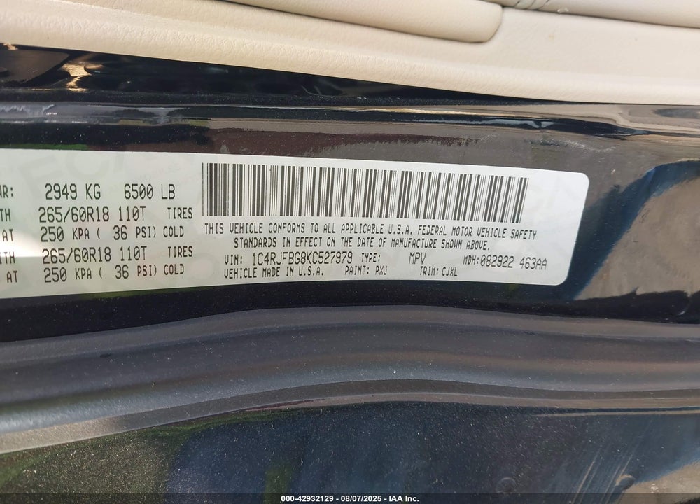 2019 JEEP GRAND CHEROKEE VIN: 1C4RJFBG8KC527979