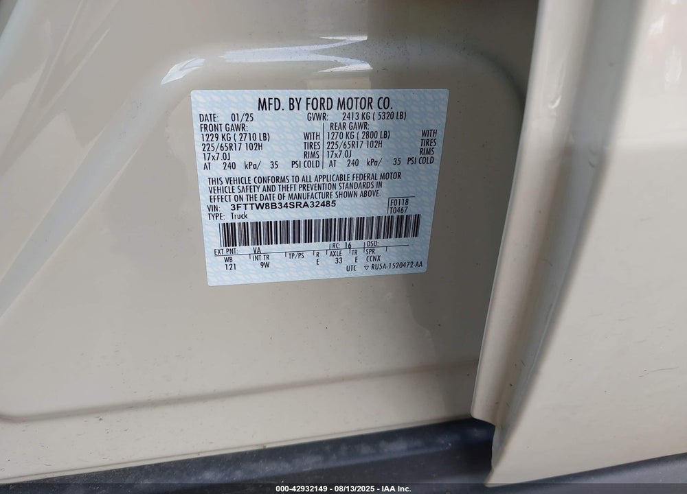 2025 FORD MAVERICK VIN: 3FTTW8B34SRA32485
