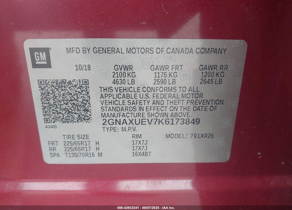 2019 CHEVROLET EQUINOX LT VIN: 2GNAXUEV7K6173849