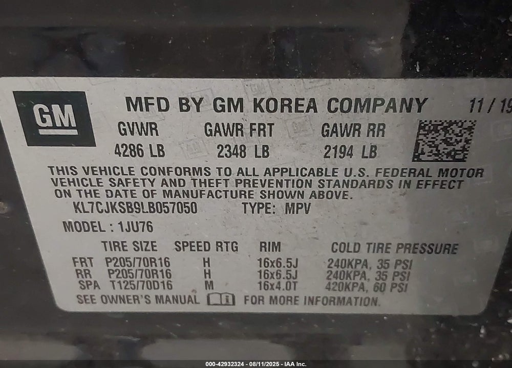2020 CHEVROLET TRAX VIN: KL7CJKSB9LB057050