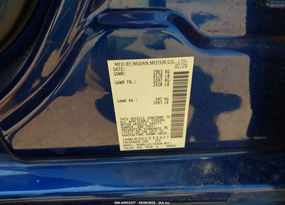 2020 NISSAN ALTIMA VIN: 1N4BL4CV1LC233327