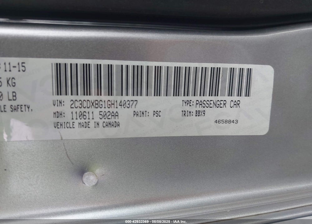 2016 DODGE CHARGER VIN: 2C3CDXBG1GH140377