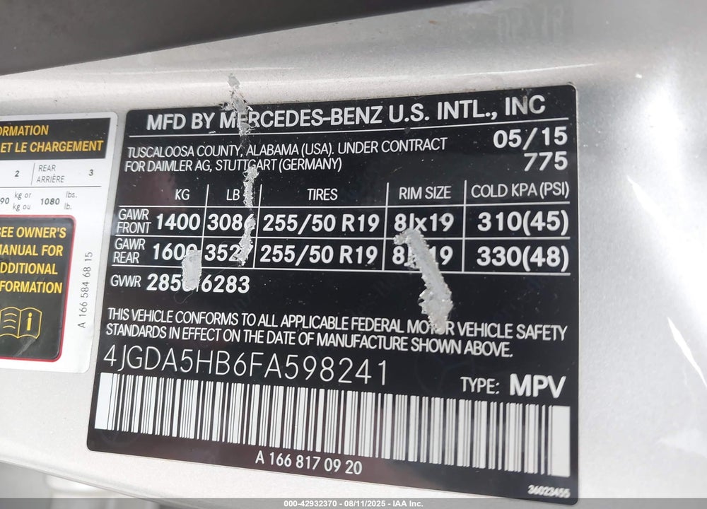 2015 MERCEDES-BENZ ML-CLASS VIN: 4JGDA5HB6FA598241
