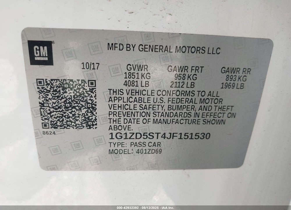 2018 CHEVROLET MALIBU VIN: 1G1ZD5ST4JF151530