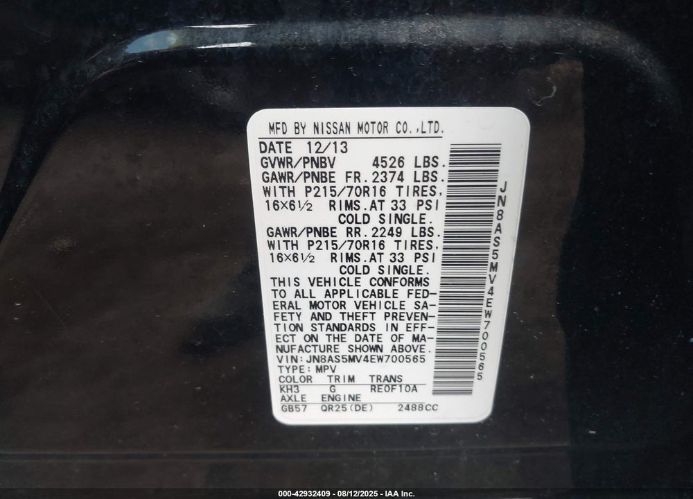 2014 NISSAN ROGUE VIN: JN8AS5MV4EW700565