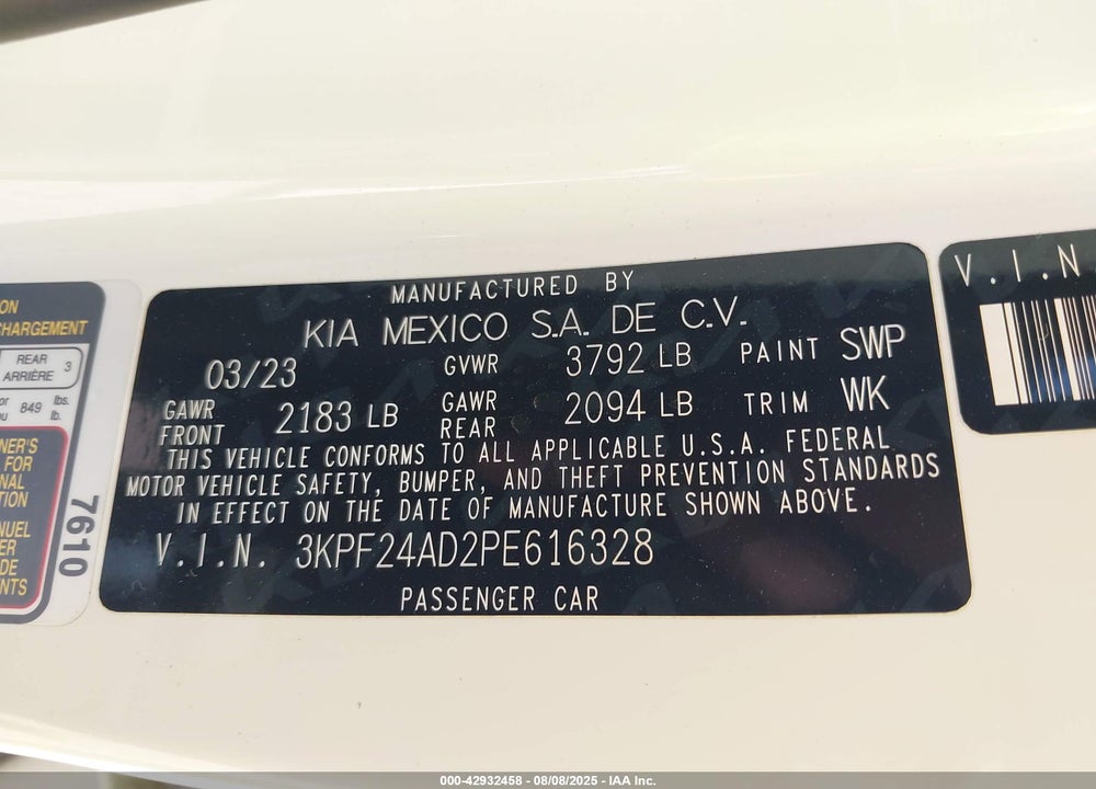 2023 KIA FORTE VIN: 3KPF24AD2PE616328