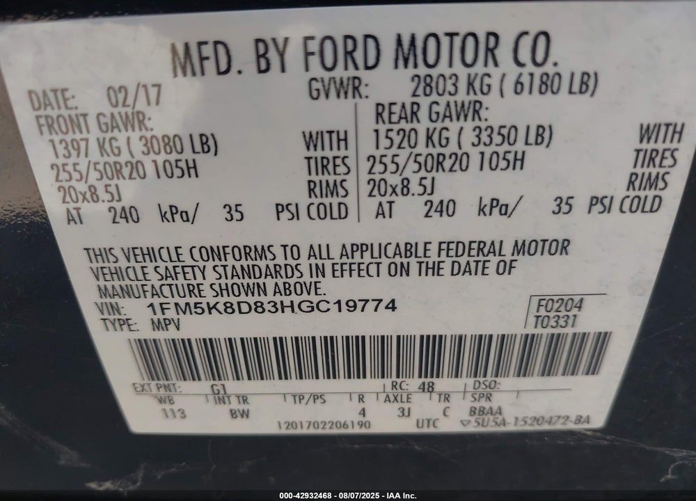 2017 FORD EXPLORER XLT VIN: 1FM5K8D83HGC19774