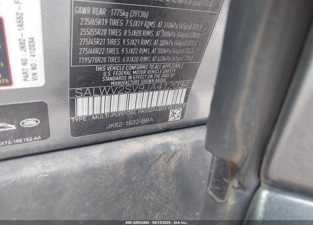 2018 LAND ROVER RANGE ROVER SPORT VIN: SALWV2SV9JA412034