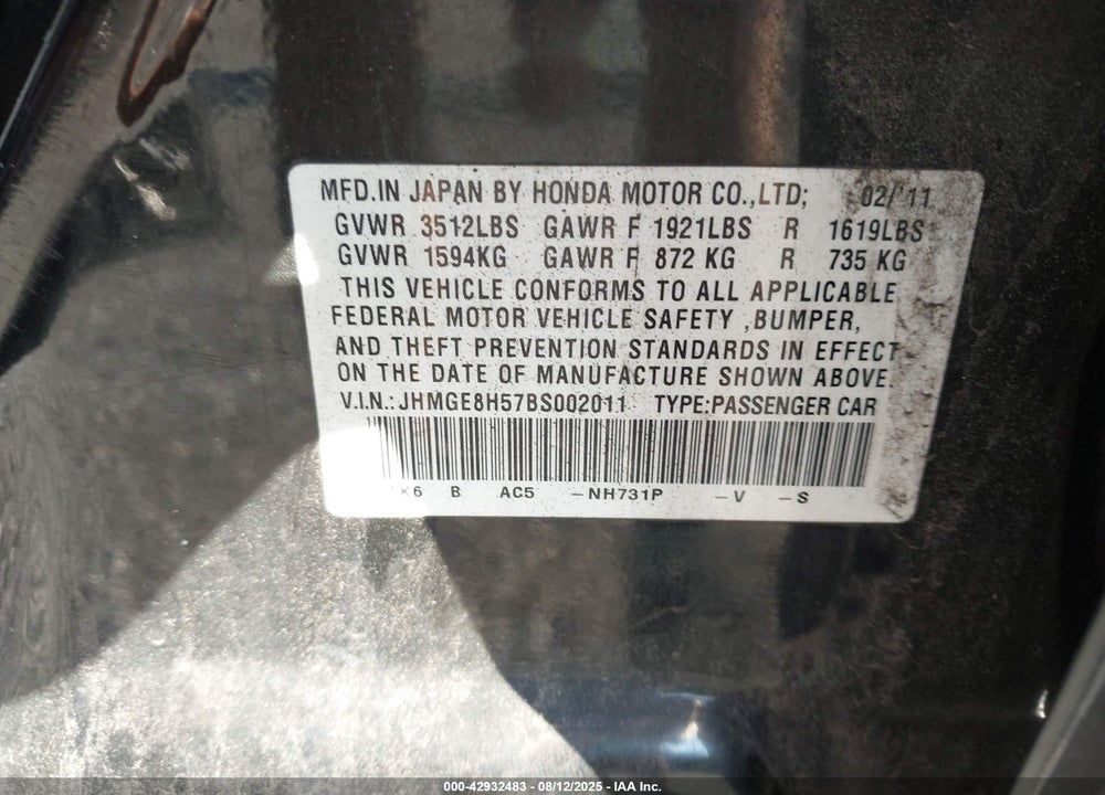 2011 HONDA FIT SPORT VIN: JHMGE8H57BS002011