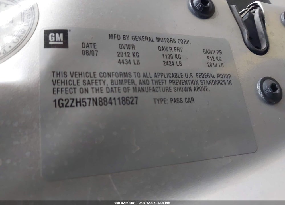 2008 PONTIAC G6 GT VIN: 1G2ZH57N884118627