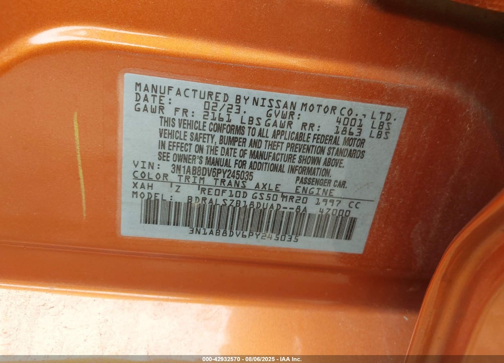2023 NISSAN SENTRA VIN: 3N1AB8DV6PY245035