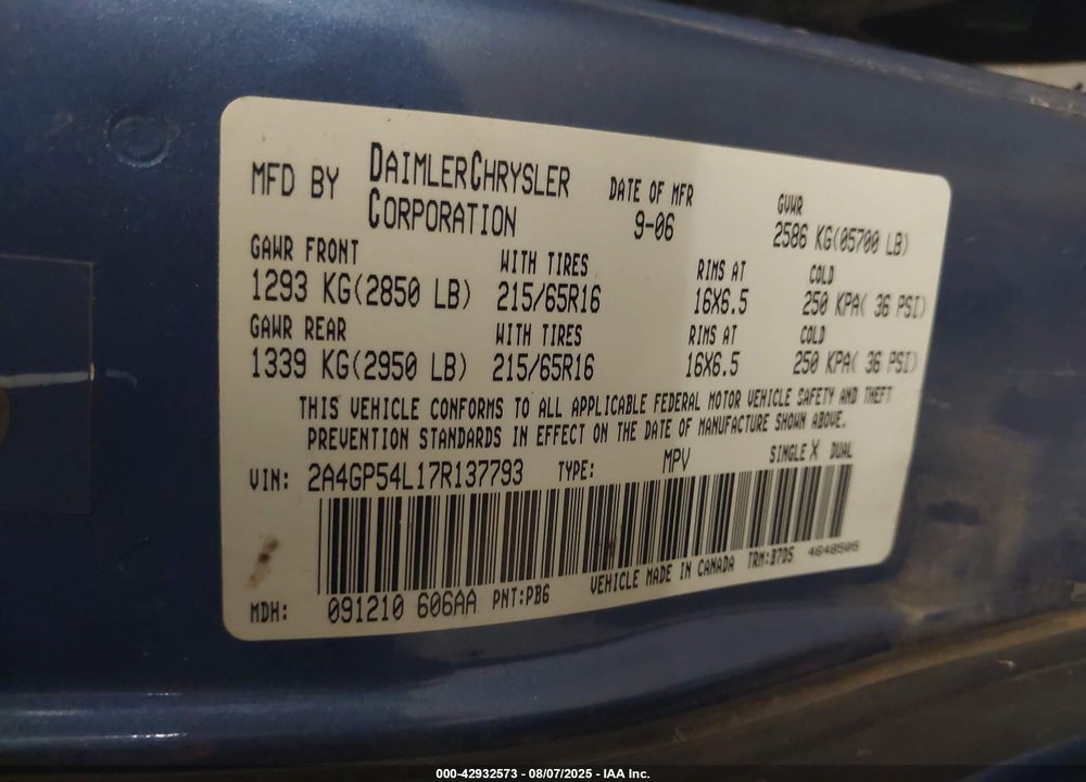 2007 CHRYSLER TOWN & COUNTRY TOURING VIN: 2A4GP54L17R137793