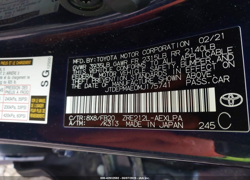 2021 TOYOTA COROLLA VIN: JTDEPMAE0MJ175741