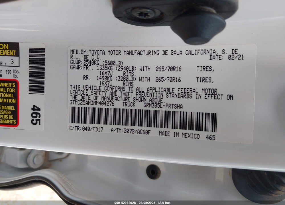 2021 TOYOTA TACOMA TRD OFF ROAD VIN: 3TMCZ5AN3MM404276