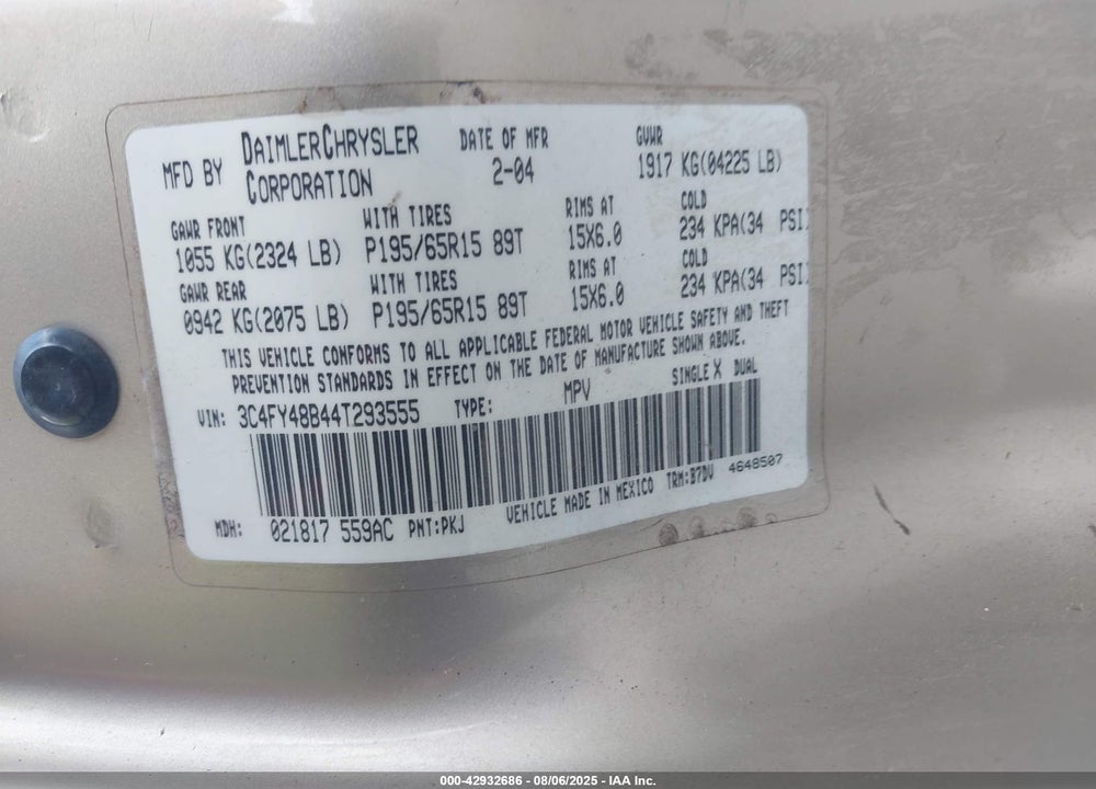 2004 CHRYSLER PT CRUISER VIN: 3C4FY48B44T293555