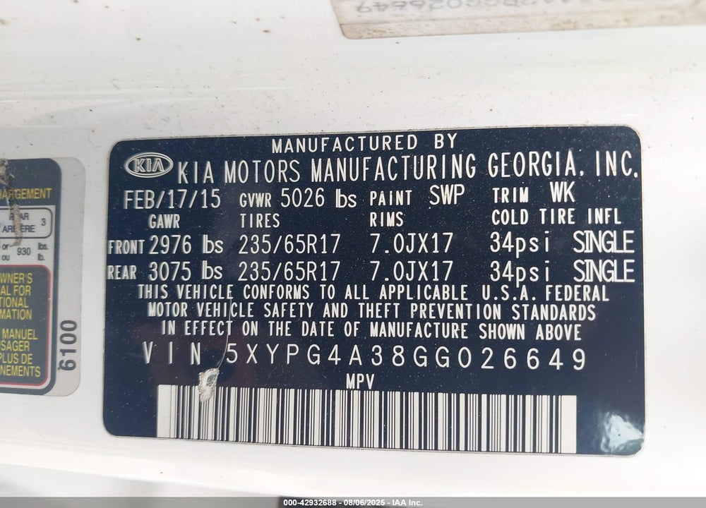 2016 KIA SORENTO VIN: 5XYPG4A38GG026649