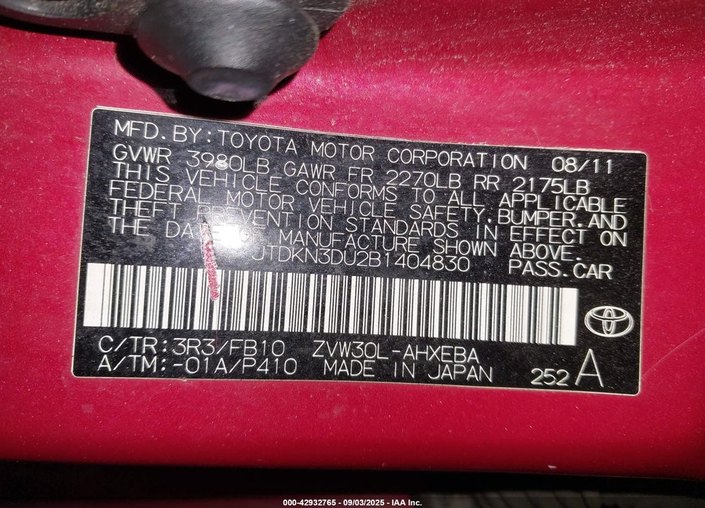 2011 TOYOTA PRIUS THREE VIN: JTDKN3DU2B1404830