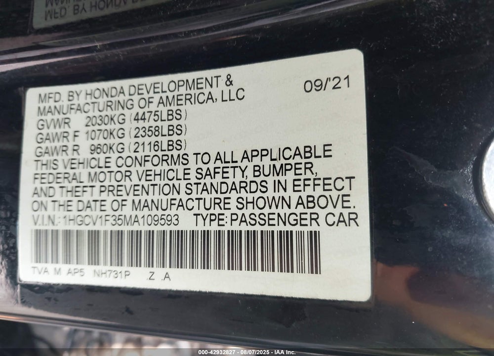 2021 HONDA ACCORD VIN: 1HGCV1F35MA109593