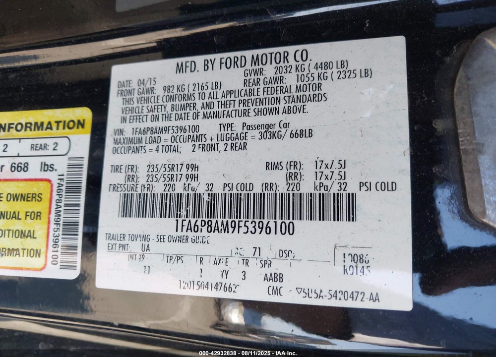 2015 FORD MUSTANG VIN: 1FA6P8AM9F5396100