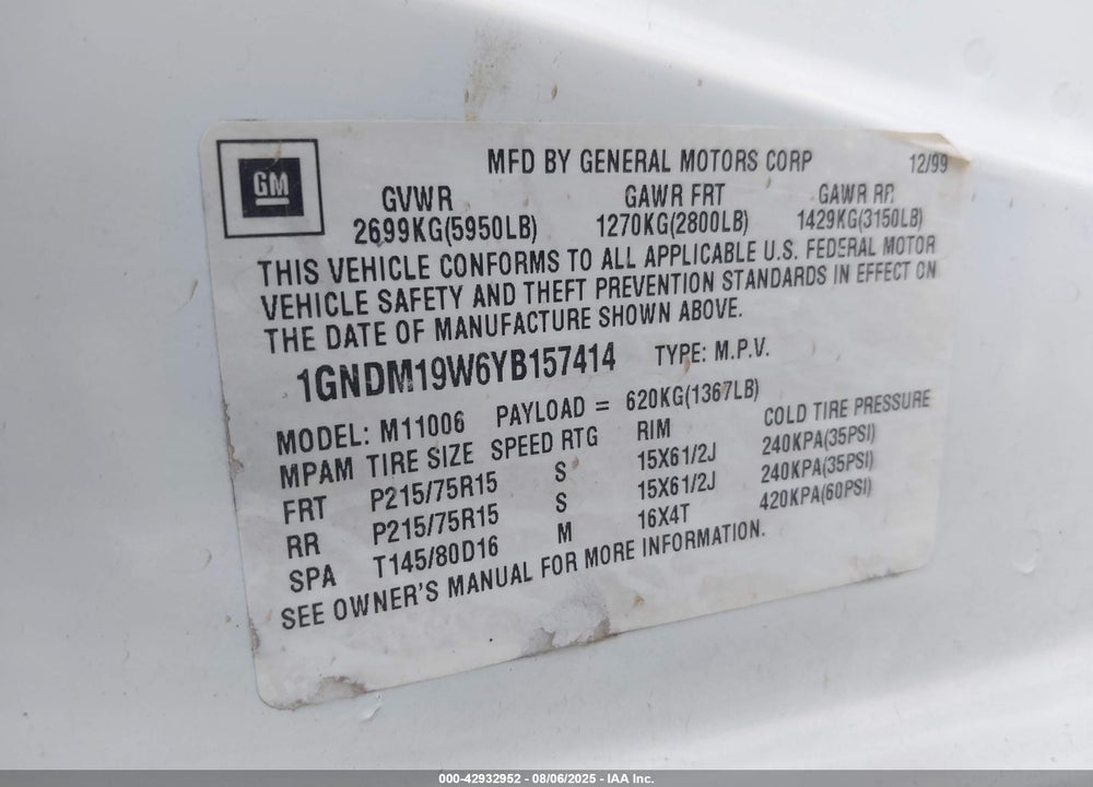 2000 CHEVROLET ASTRO VIN: 1GNDM19W6YB157414