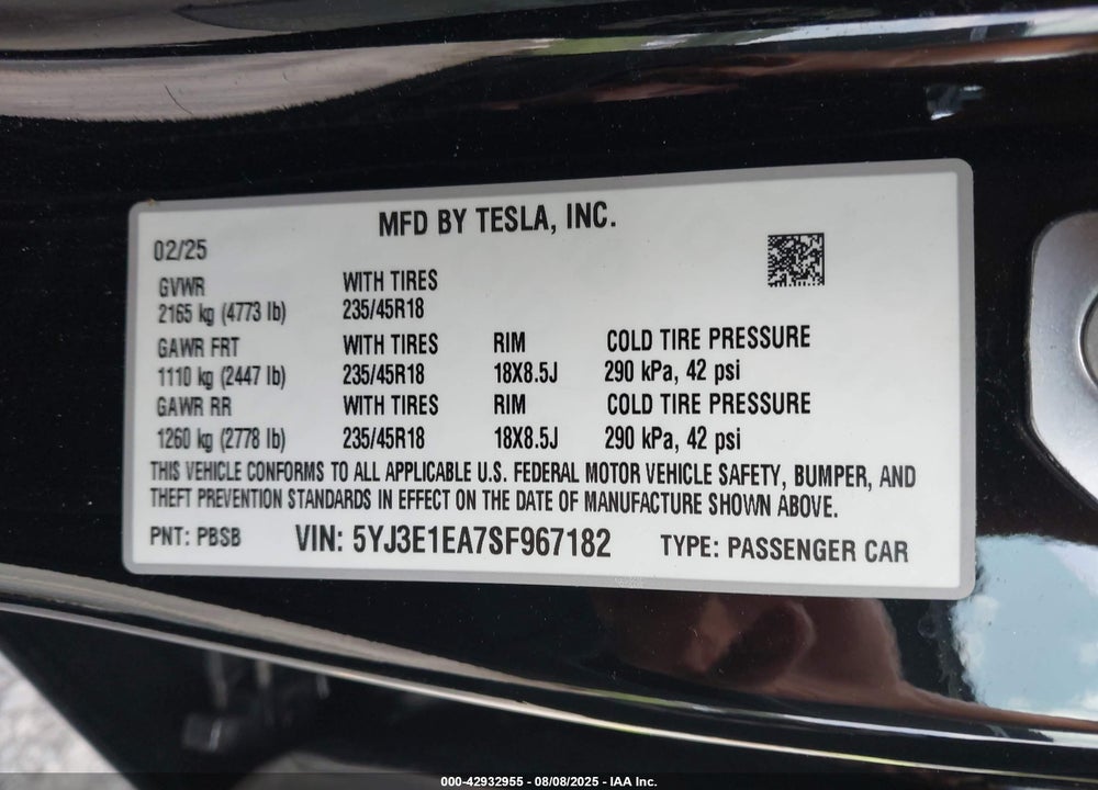 2025 TESLA MODEL 3 VIN: 5YJ3E1EA7SF967182