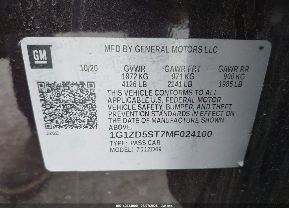 2021 CHEVROLET MALIBU VIN: 1G1ZD5ST7MF024100
