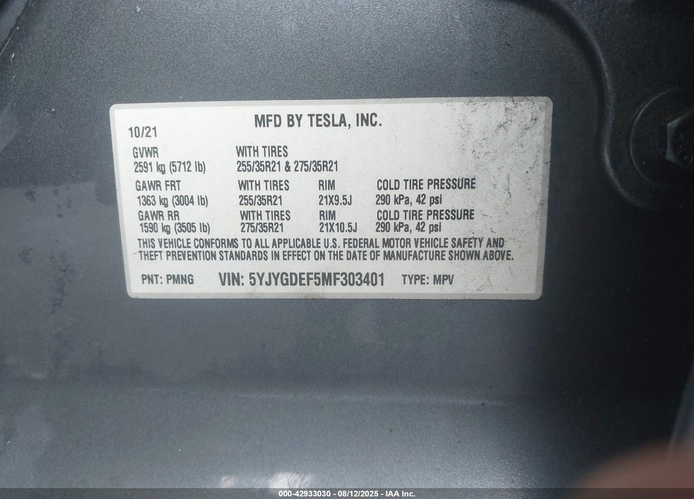 2021 TESLA MODEL Y VIN: 5YJYGDEF5MF303401