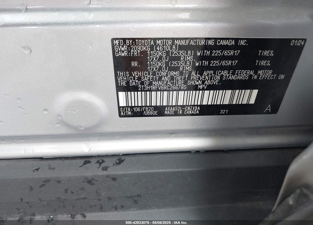 2024 TOYOTA RAV4 VIN: 2T3H1RFV6RC266785