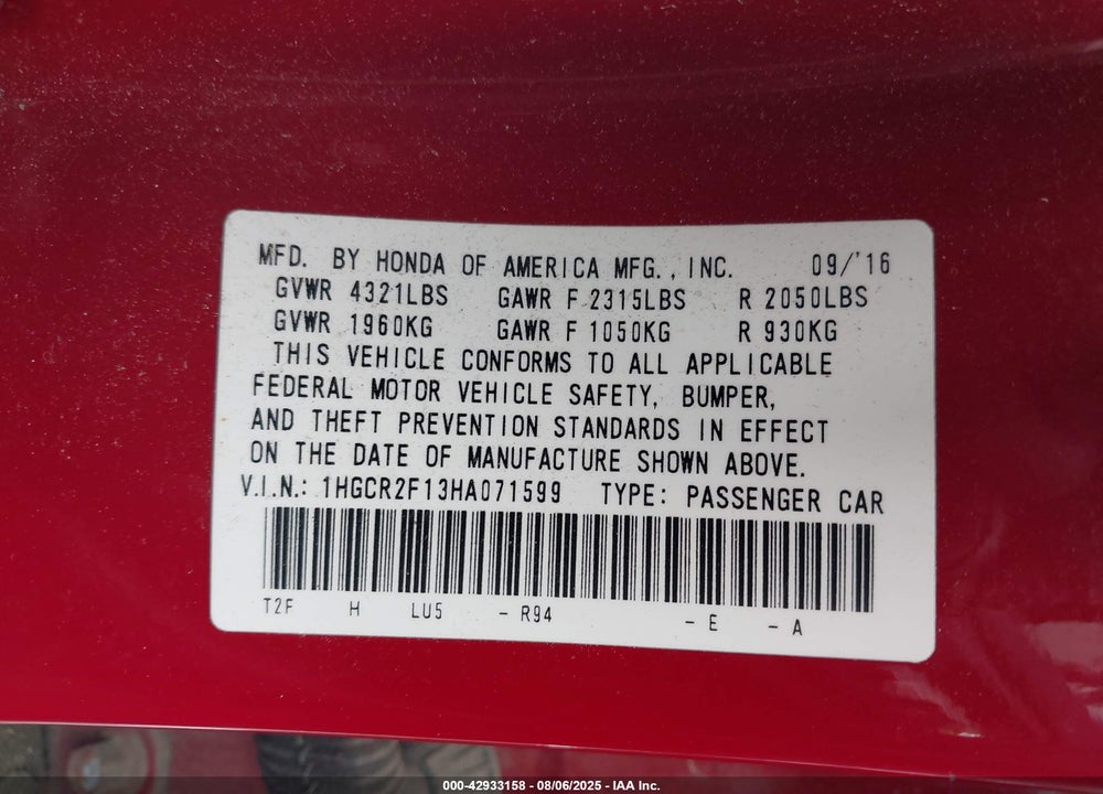 2017 HONDA ACCORD SPORT SE VIN: 1HGCR2F13HA071599