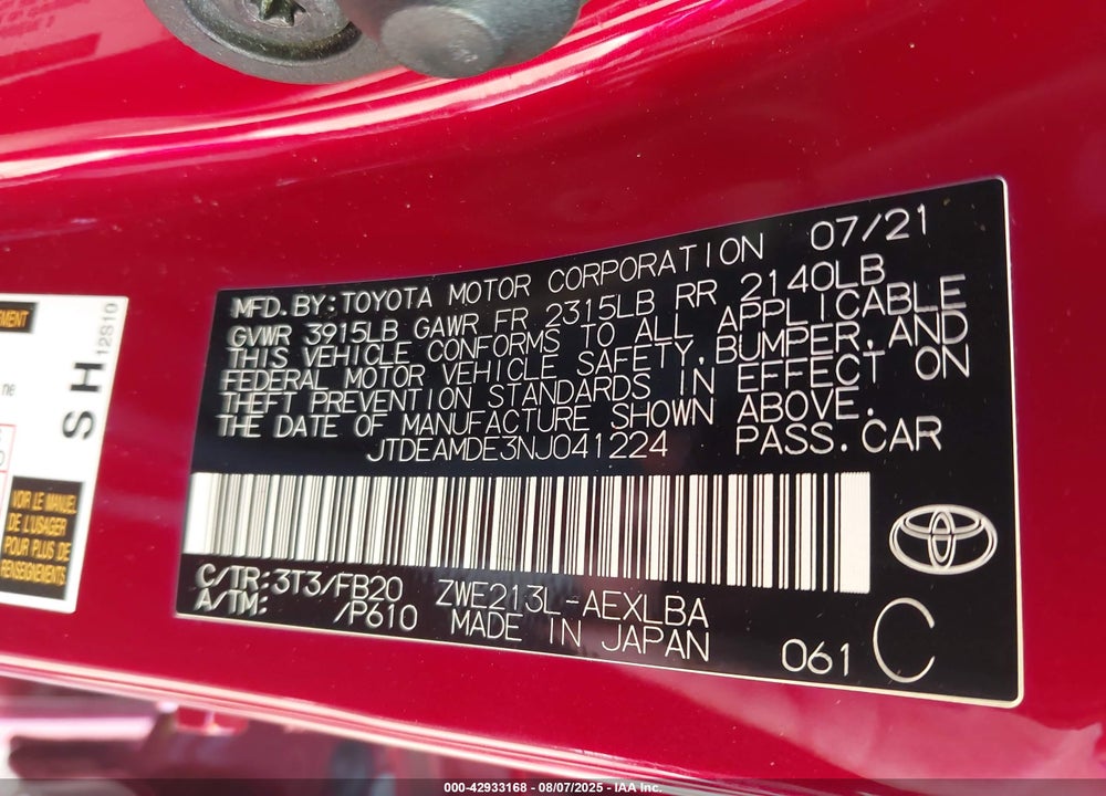 2022 TOYOTA COROLLA VIN: JTDEAMDE3NJ041224