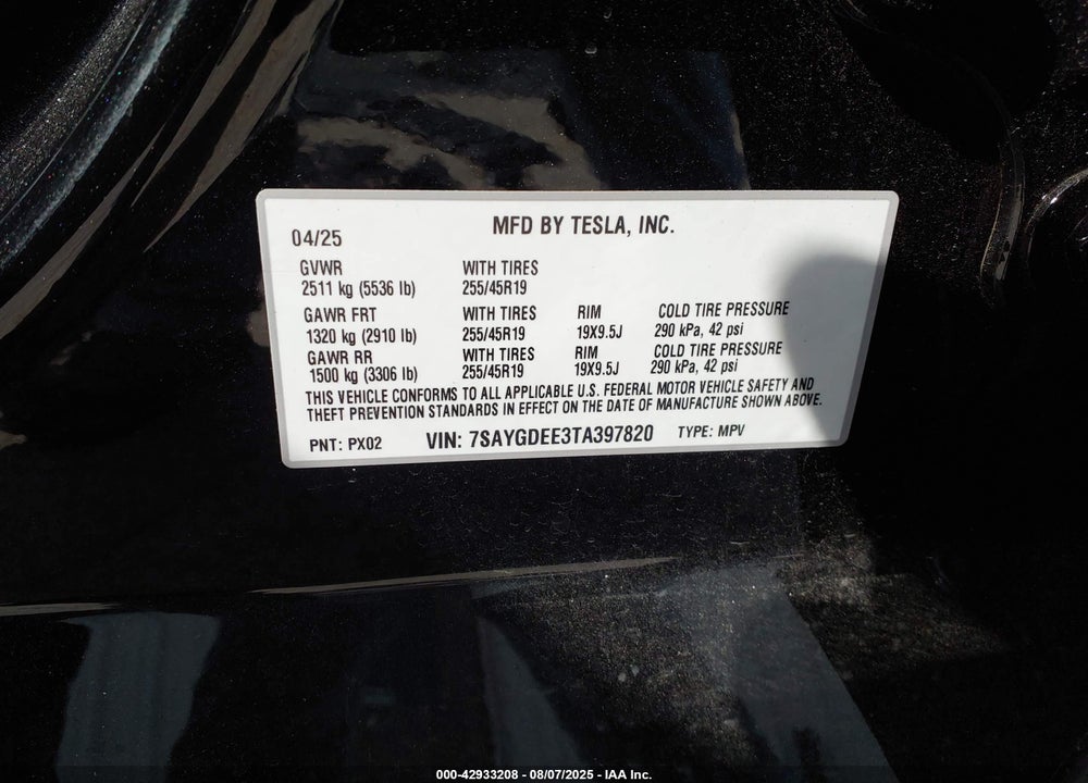2026 TESLA MODEL Y LONG RANGE DUAL MOTOR ALL-WHEEL DRIVE/LONG RANGE LAUNCH SERIES VIN: 7SAYGDEE3TA397820