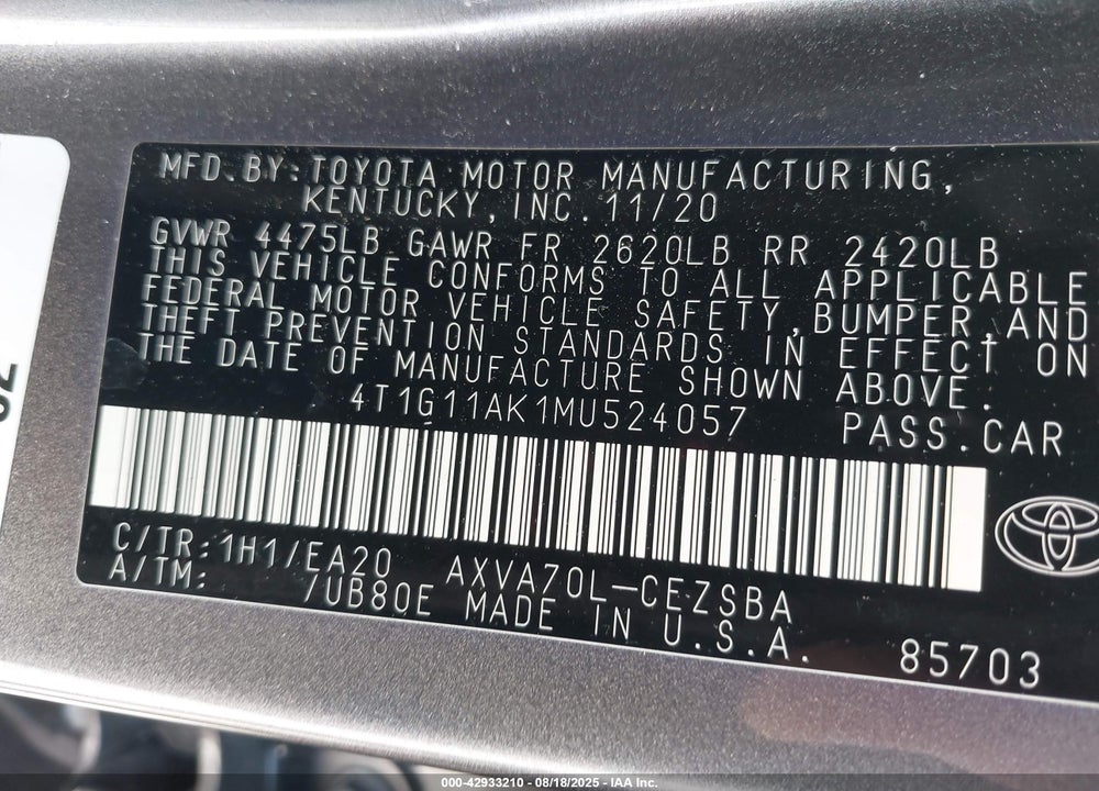 2021 TOYOTA CAMRY VIN: 4T1G11AK1MU524057