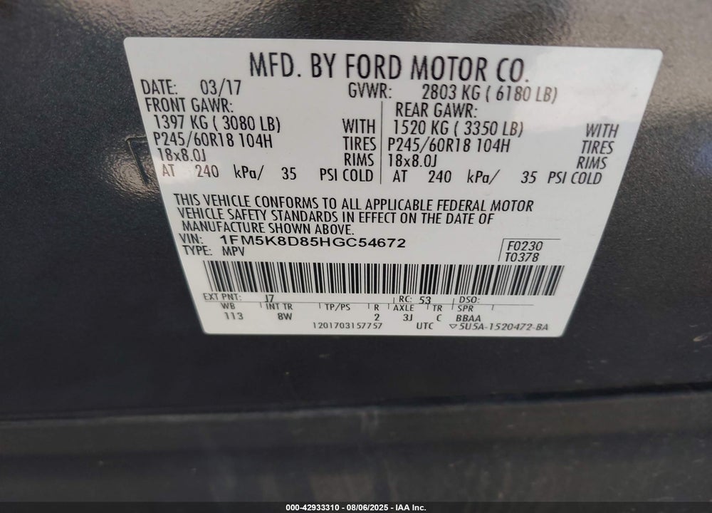 2017 FORD EXPLORER VIN: 1FM5K8D85HGC54672