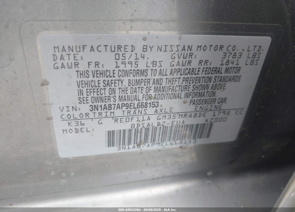 2014 NISSAN SENTRA FE+ S/FE+ SV/S/SL/SR/SV VIN: 3N1AB7AP9EL668153